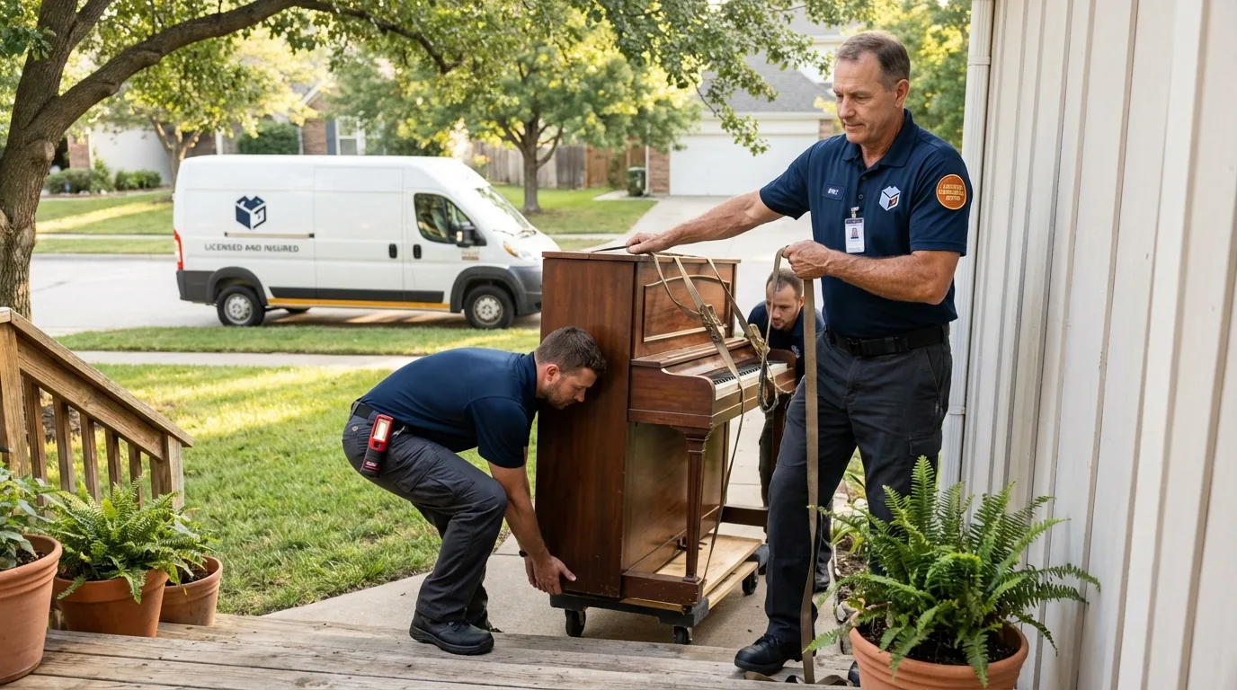 Licensed piano movers securing grand piano in Lebanon, PA