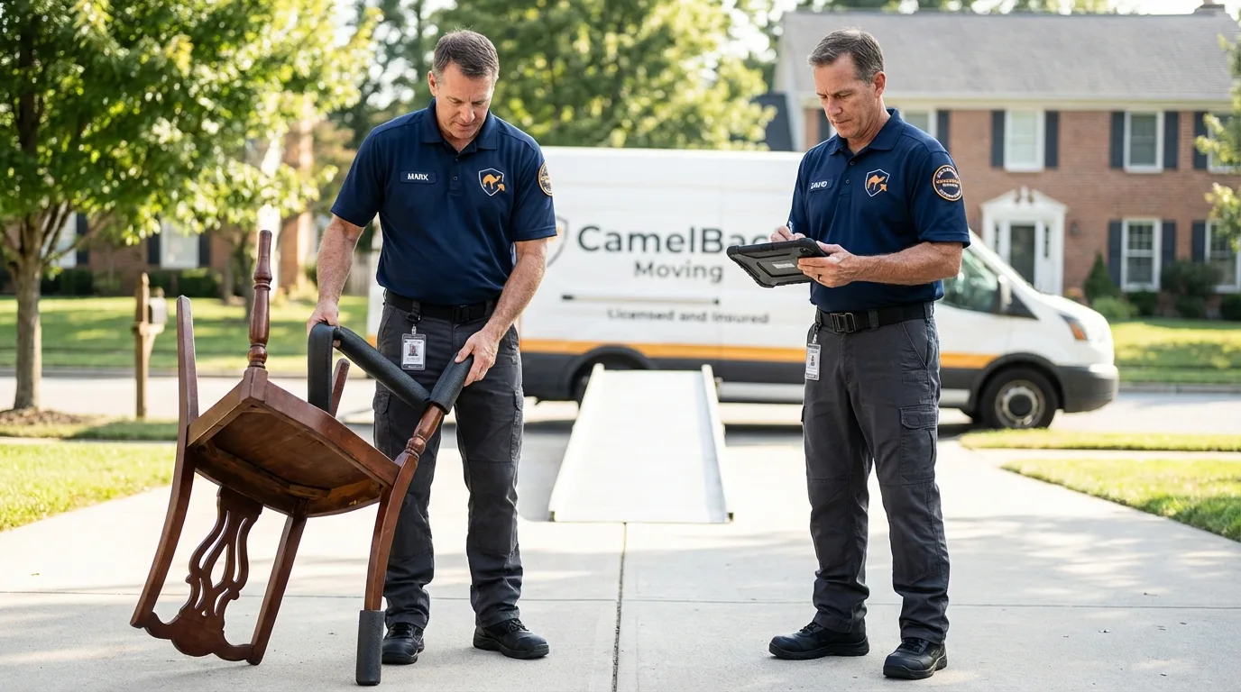 Movers inspecting furniture for damage prevention before loading in Lebanon, PA