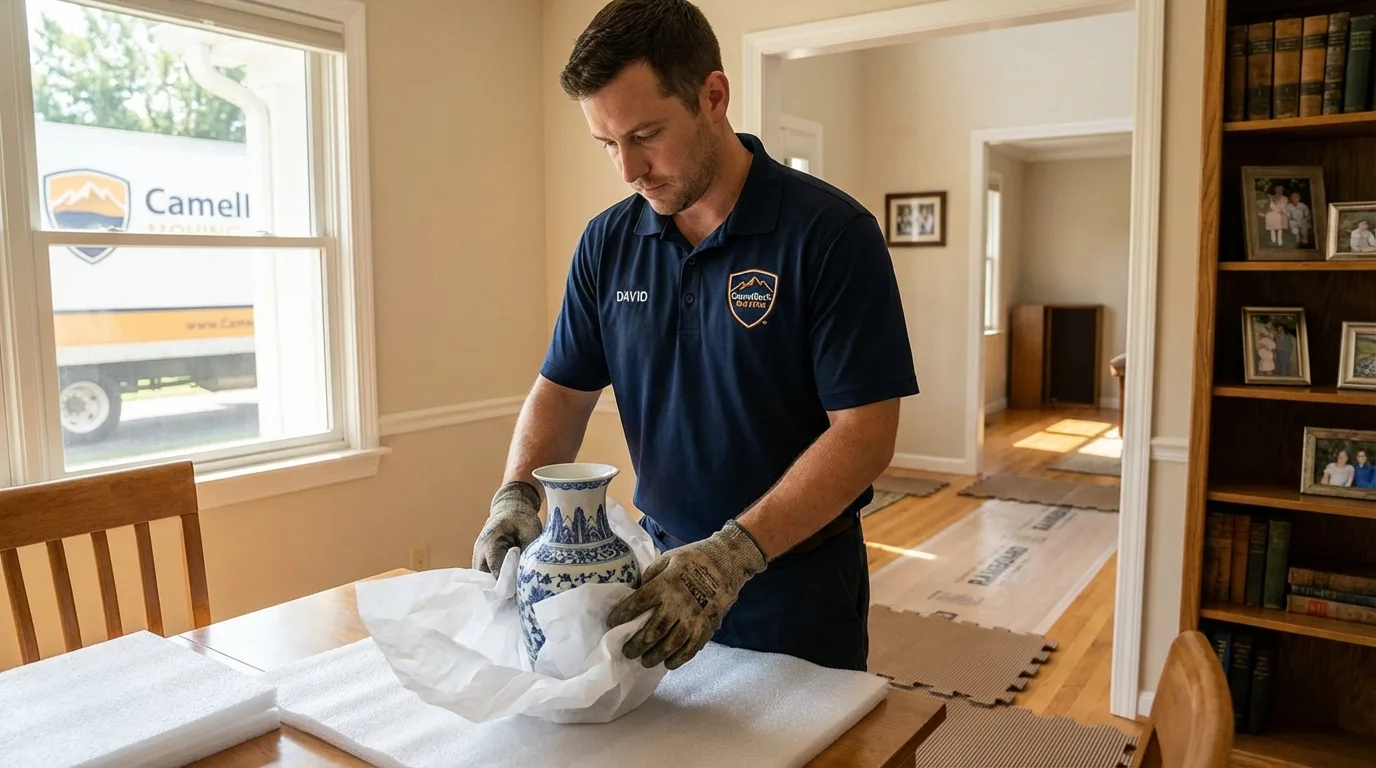Professional crew carefully wrapping antique vase for senior downsizing move in Lebanon, PA